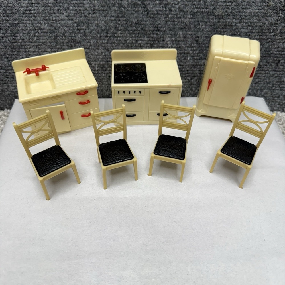Vintage Renwal dollhouse kitchen furniture chairs sink stove fridge lot